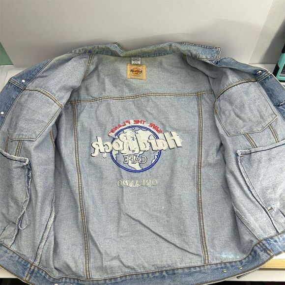 Vintage Hard Rock Cafe Orlando Unisex XL Blue Denim Bomber Jacket Music Flawed - Picture 14 of 16